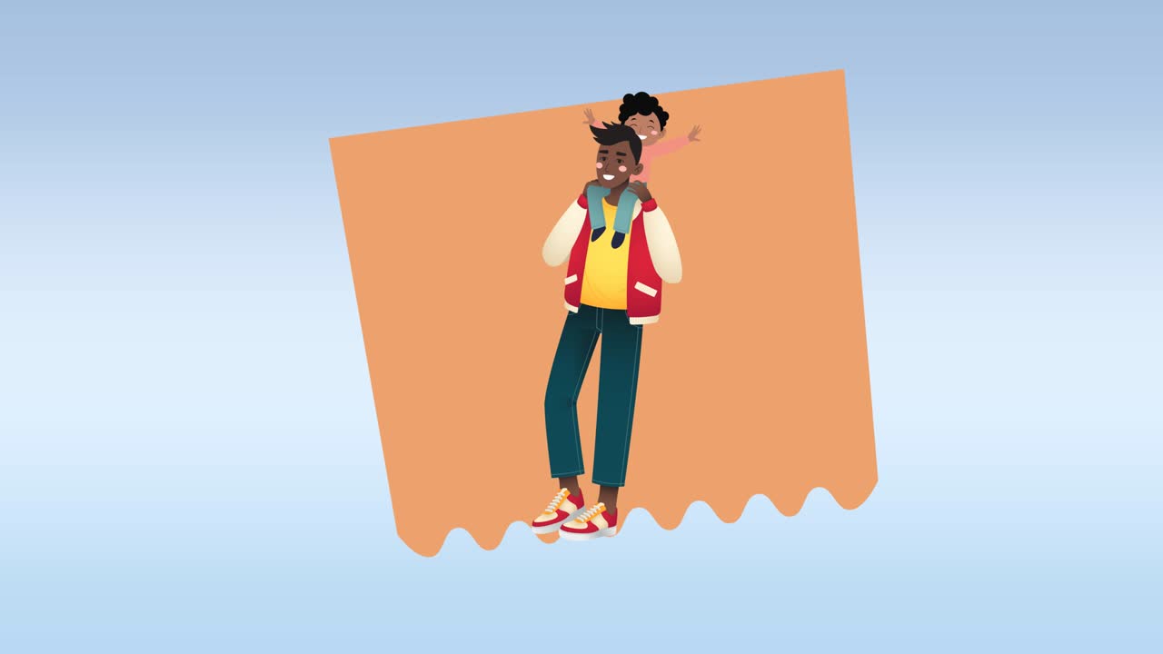 animación de una familia feliz abrazándose sobre un fondo azul