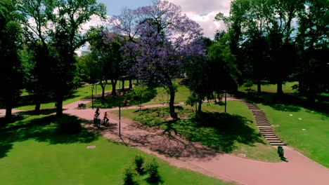 drone shot of bike tour in park in buenos aires, argentina