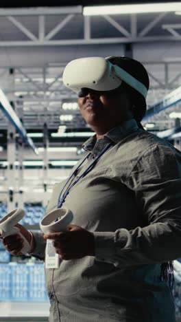 vertical video software developer in server room wearing vr goggles optimizing ai systems