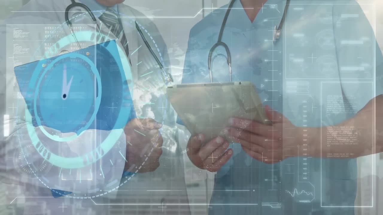 태블릿을 사용하는 백인 의사들에 대한 데이터 처리 애니메이션