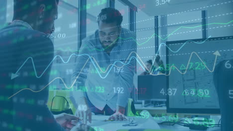 animation of financial data processing over diverse business people in office