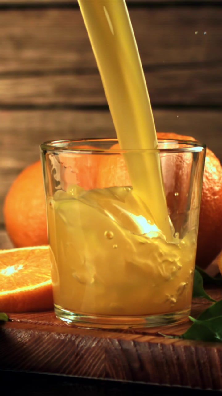 Succo d'arancia rinfrescante che si versa in un bicchiere con arance fresche