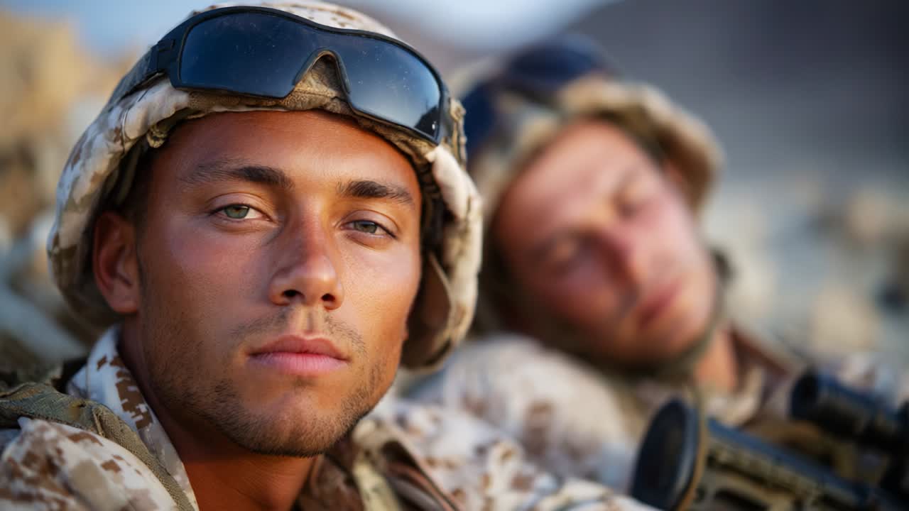 A Close-Up Perspective of Two Soldiers in Combat Gear, Capturing Their Determined Expressions Amidst a Rugged Landscape, Reflecting the Reality and Brotherhood in Military Service