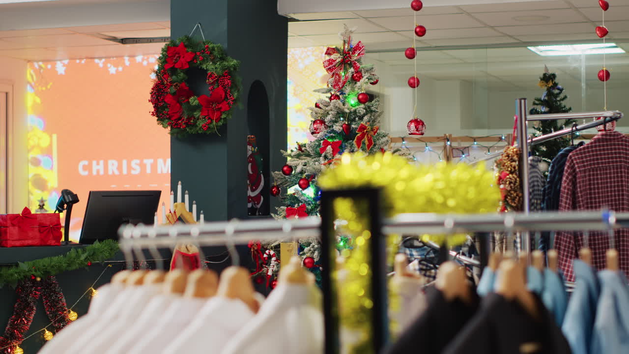tienda decorada con navidad festiva con una amplia variedad de ropa a la venta y ofertas para las compras navideñas. tienda de moda adornada con adornos de navidad y estantes de vestimenta formal