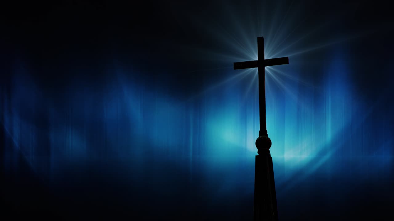 오로라 배경 십자가의 실루엣