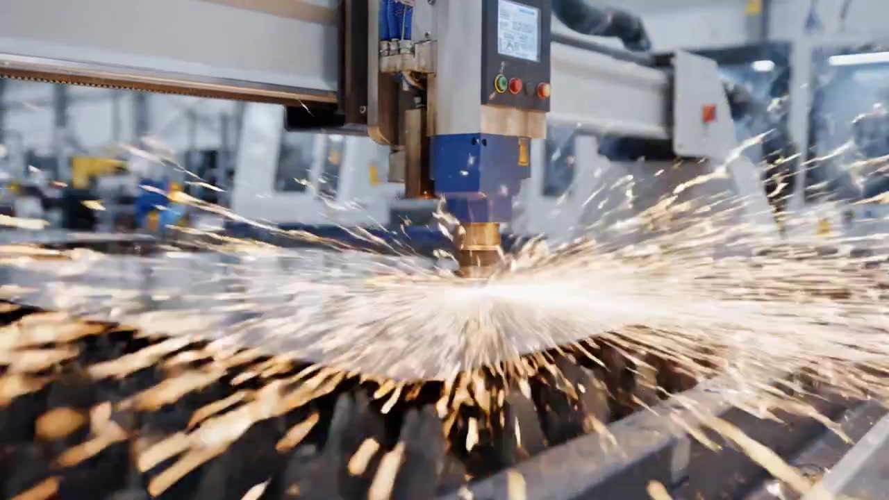 Dynamisk præcision: Anvendelse af avanceret laserteknologi til metalskæring, der viser gnister og indviklede designs i et moderne produktionsmiljø