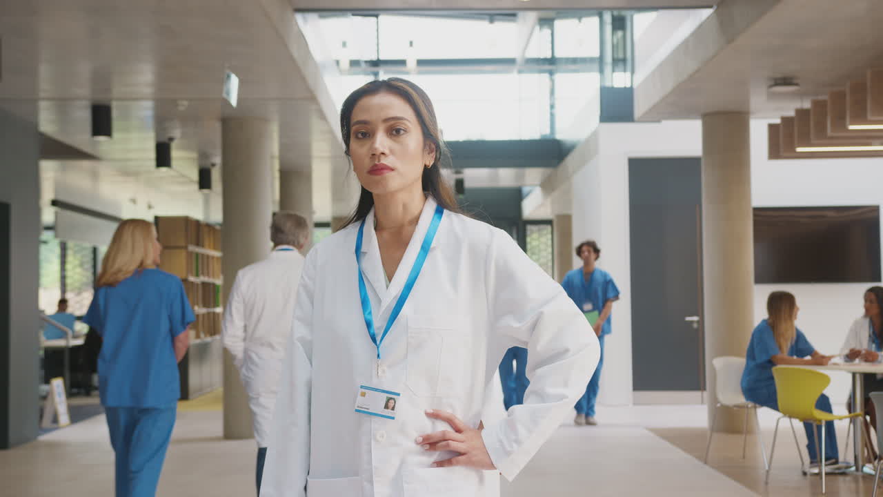 Portrait Of Female Doctor With Serious Expression Wearing White Coat Standing In Busy Hospital Building