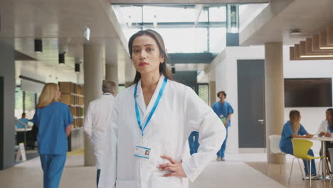 portrait of female doctor with serious expression wearing white coat standing in busy hospital building