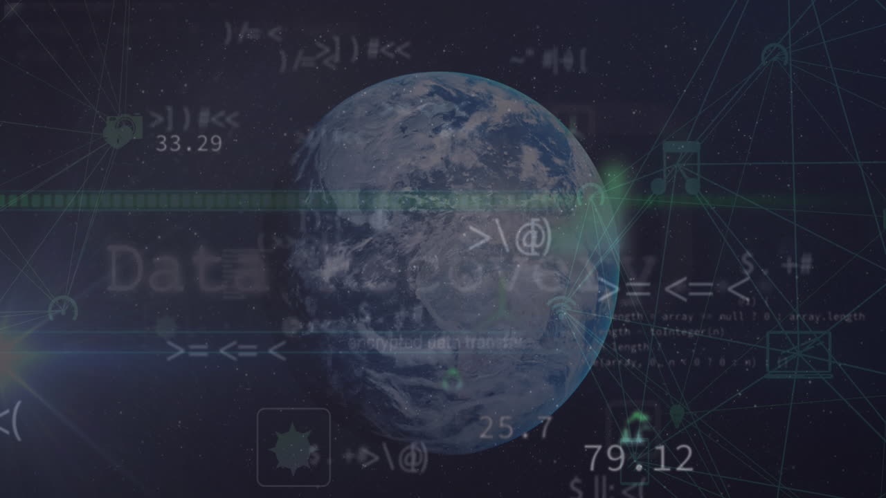데이터 복구 텍스트 배너, 변하는 기호 및 디지털 아이콘의 애니메이션