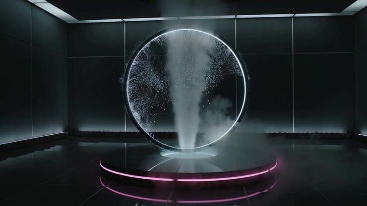 Display circolare luminoso che genera un vortice di nebbia in studio, mettendo in risalto una fascia magenta