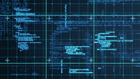 animación de una placa de circuito, procesamiento digital de datos sobre una rejilla sobre un fondo azul