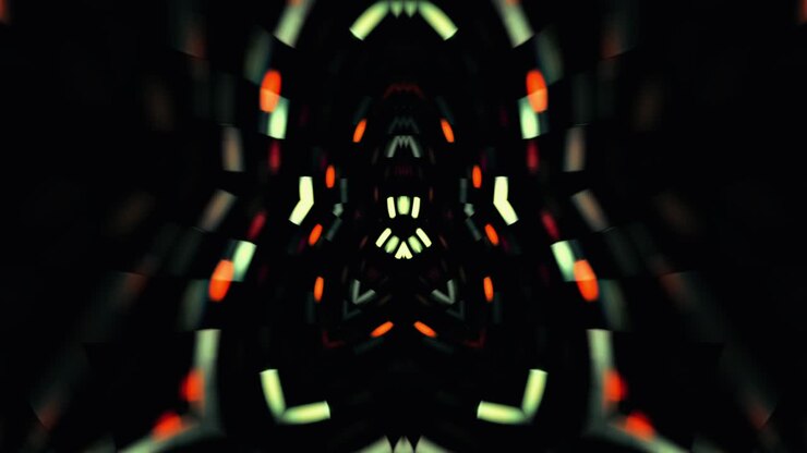 Abstract light green orange neon glowing hypnotic rays and lines motion forming star shape patterns and exploding. 4K 3D seamless looping abstract creative kaleidoscope bright burst neon light VJ loop background