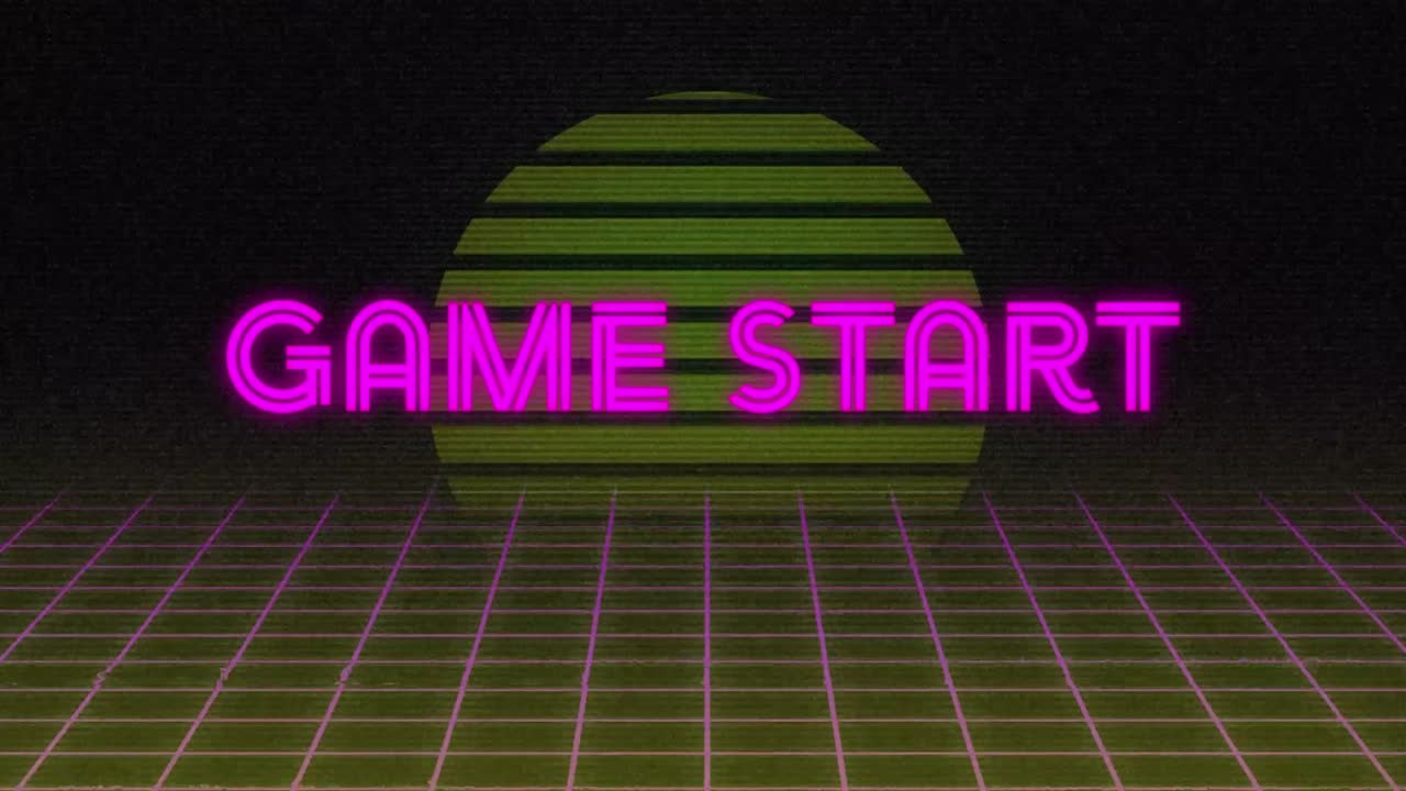 네온 보라색 게임 시작 텍스트 배너의 애니메이션은 원형 모양에 대한 그리드 네트워크를 통해