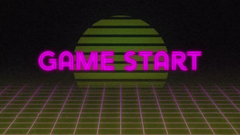 animation of neon purple game start text banner over grid network against circular shape