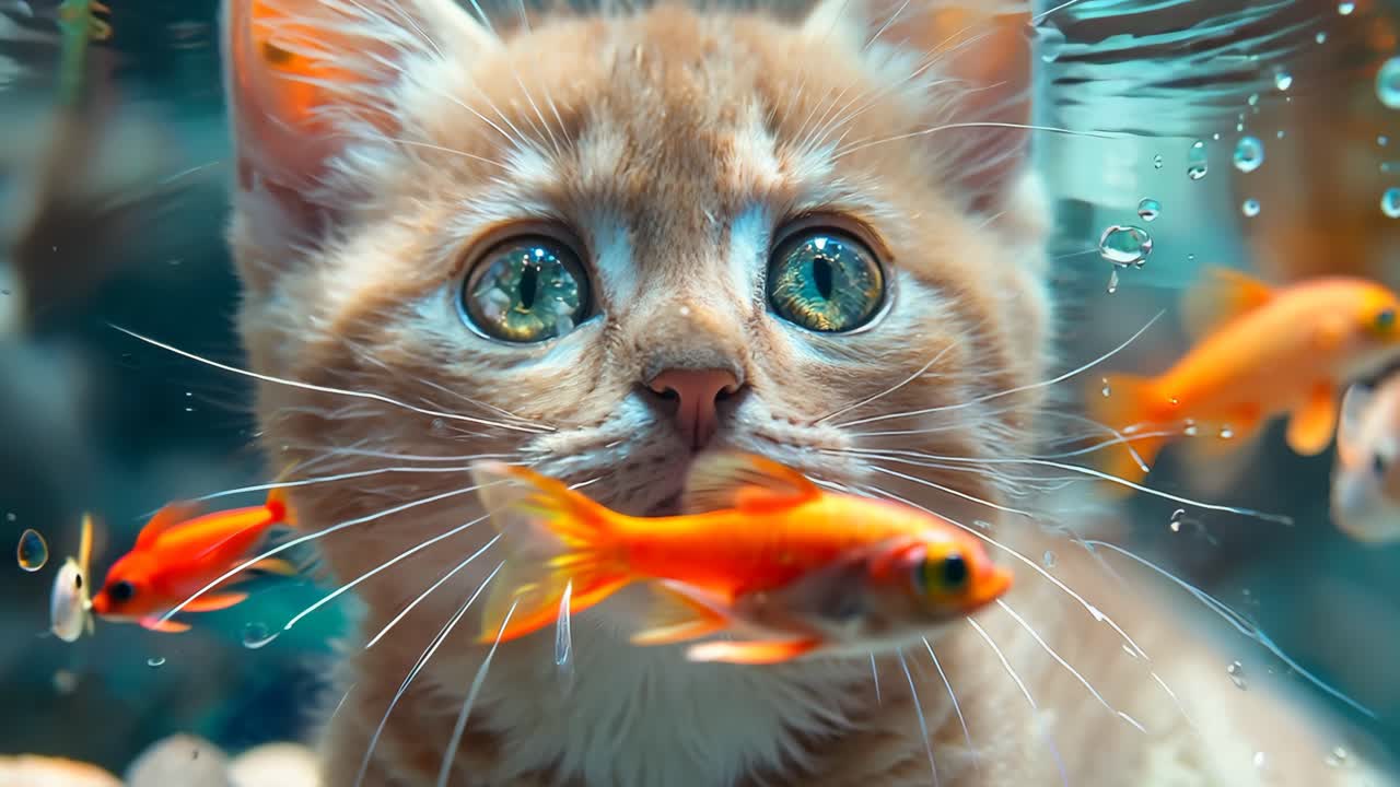 A cat is looking at a bunch of fish in a tank. The fish are swimming around the cat, and the cat is staring at them intently. The scene is peaceful and calming
