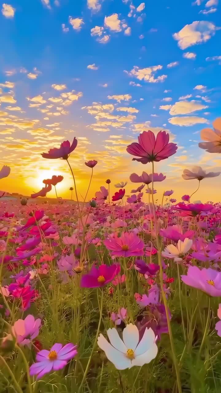Tramonto vivido su un campo di fiori di campo, catturato da un angolo basso, ideale per un video sereno