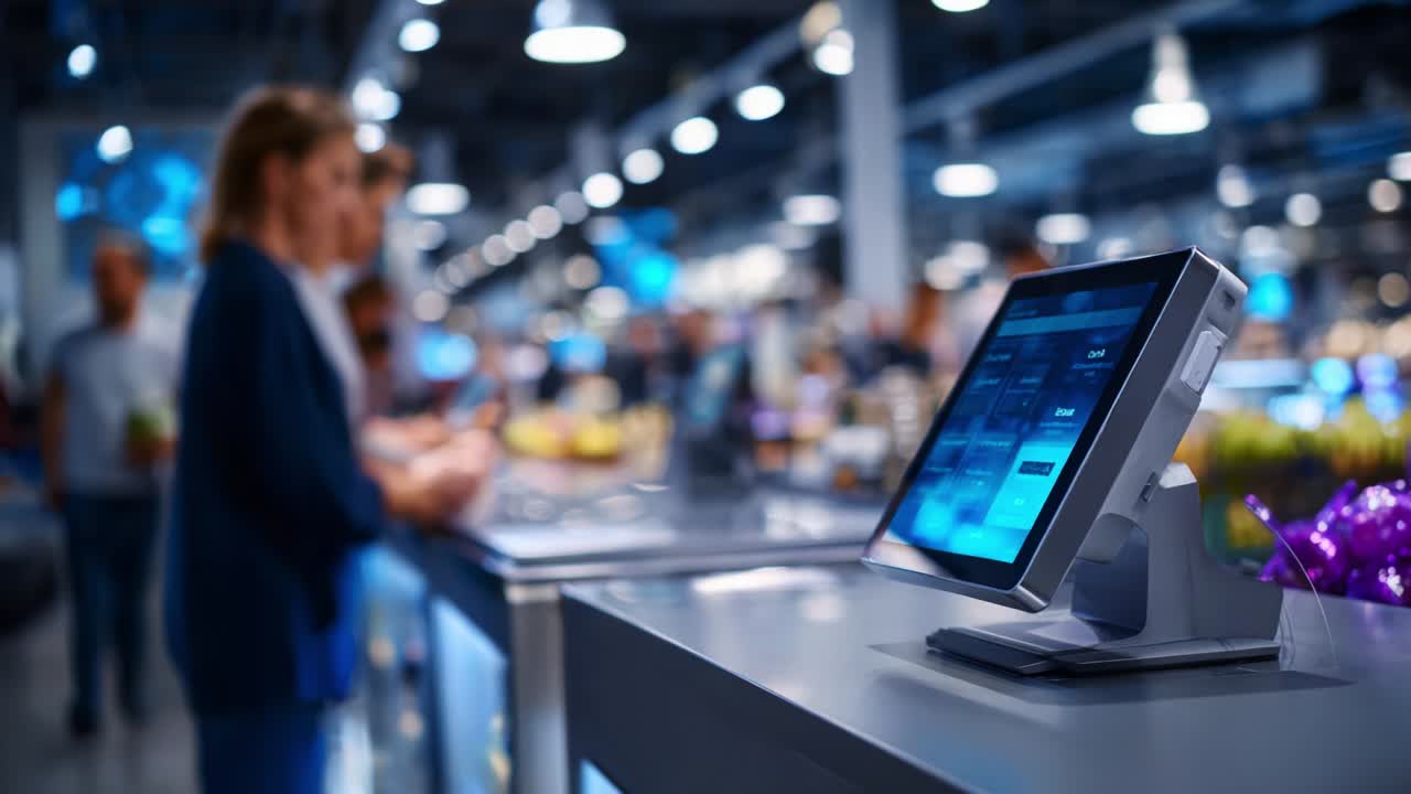 A modern point of sale system displayed in a retail environment, capturing the essence of technology integration into shopping experiences, with shoppers engaged in selecting products and transactions