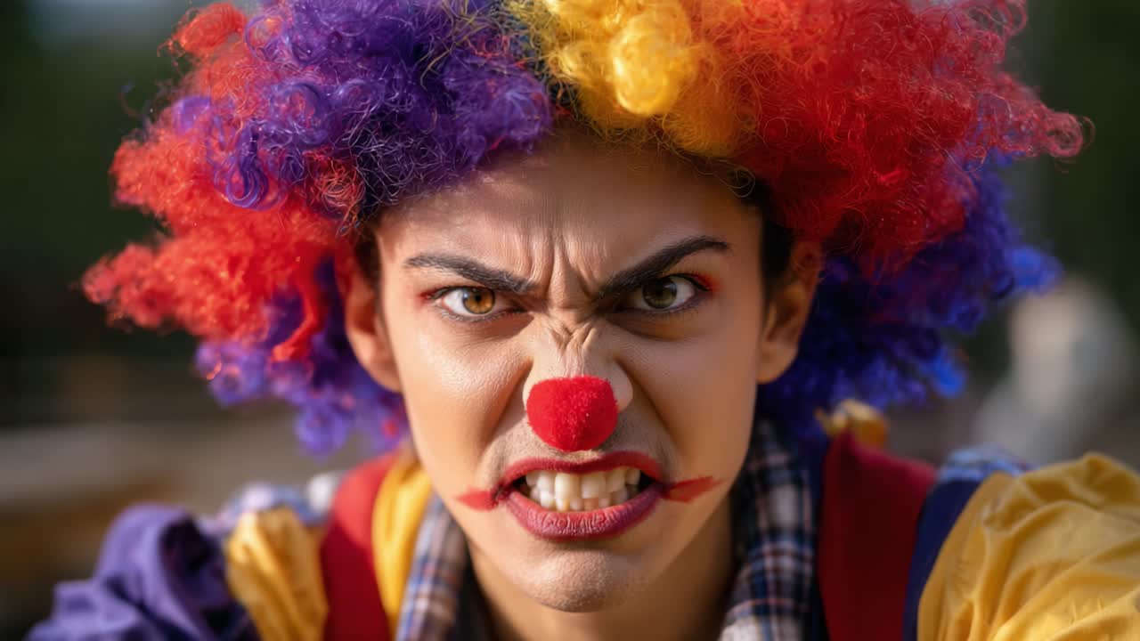 Intense Close-Up of a Clown with Colorful Wig and Fierce Expression, Capturing the Emotions of Joy and Anger with Bold Makeup and Vivid Costume Details