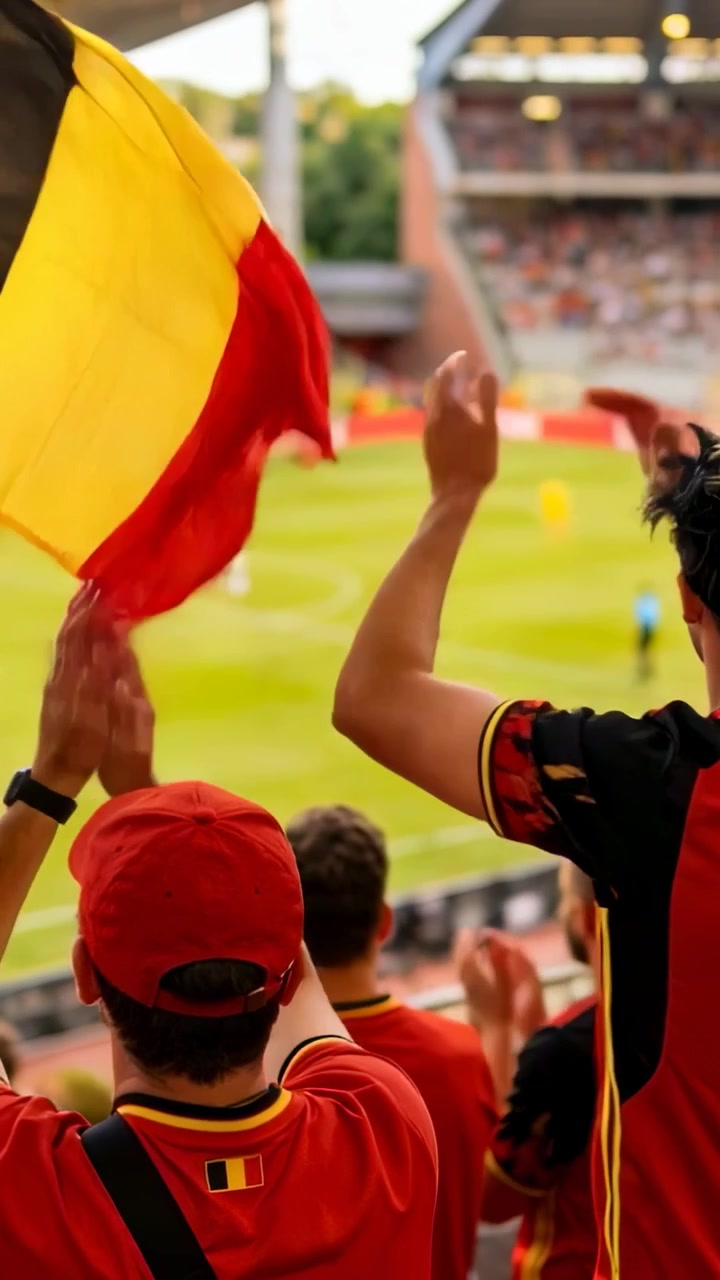 Video vertical: Aficionados animando con gorras y camisetas rojas aplaudiendo en las gradas mientras el ataque se desarrolla agitando una bandera.