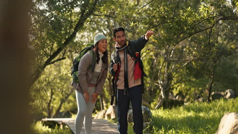 nature, hiking and couple in a forest