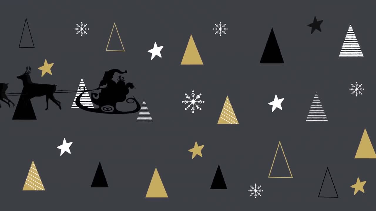 animación de santa claus en trineo con renos sobre estrellas y textura de árbol de navidad