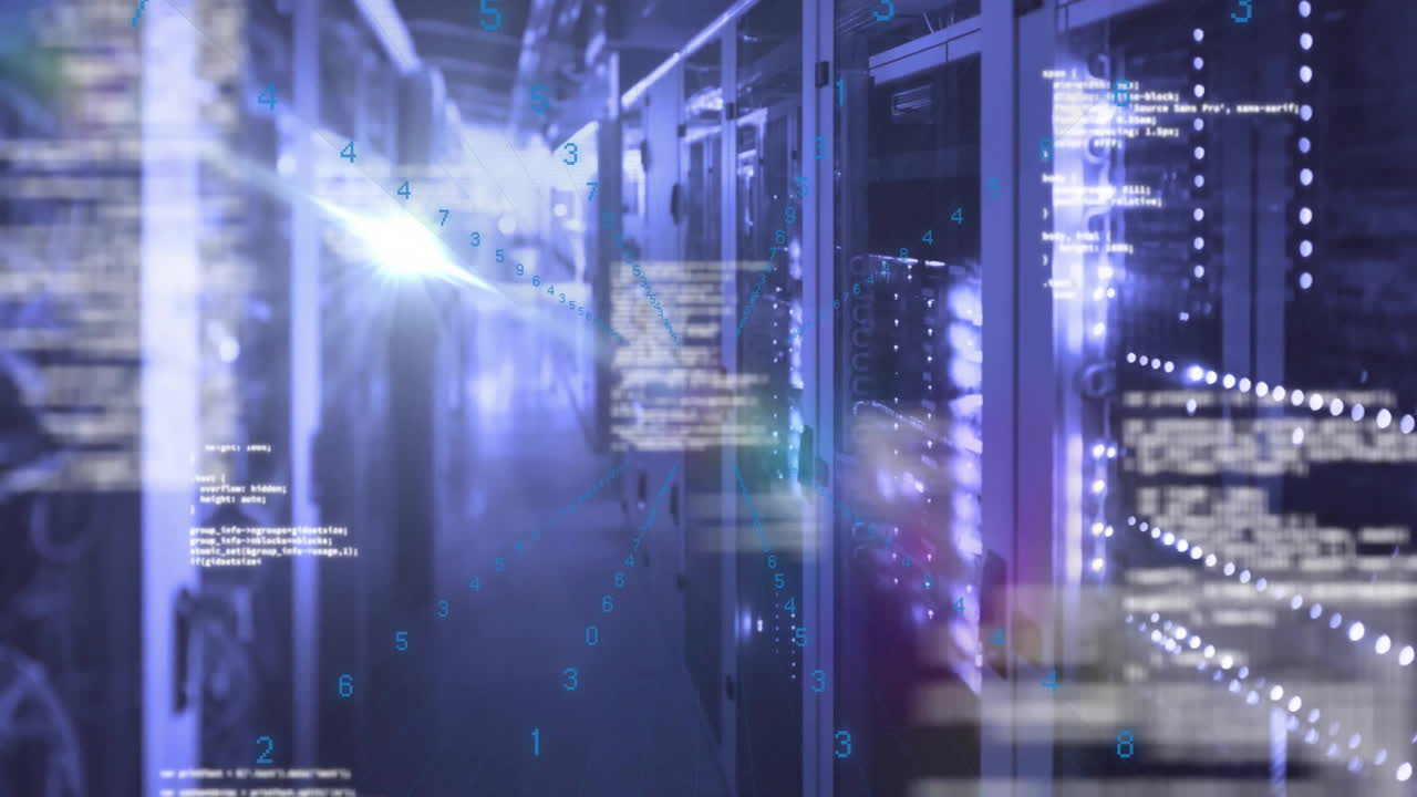 animación del procesamiento de datos a través de la sala de servidores informáticos