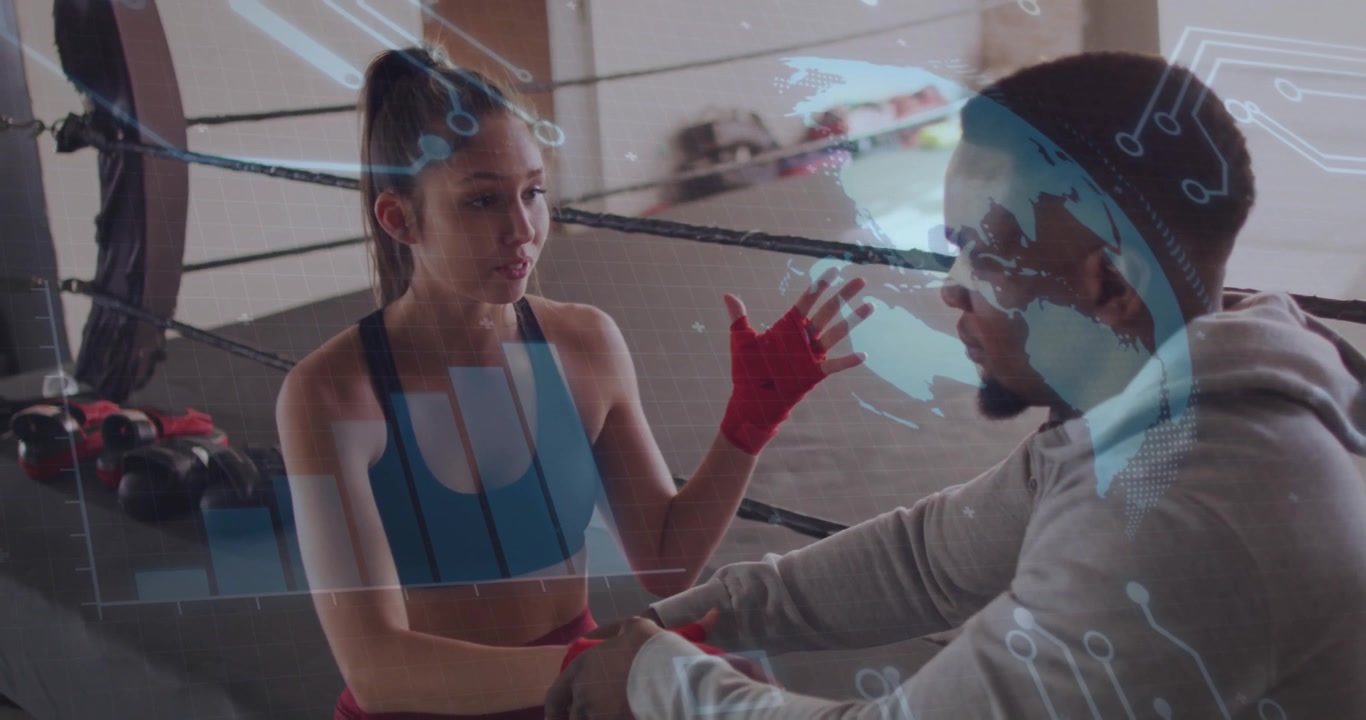 Boxer raising wrap, coach securing red wraps as holographic metrics displaying for boxing training