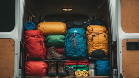 a colorful array of outdoor gear and equipment packed neatly in a van, ready for an adventure in nature and wilderness exploration