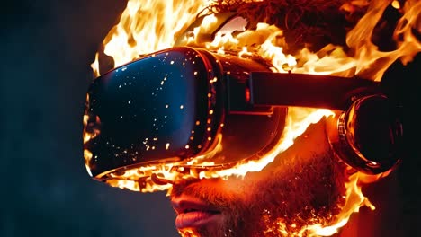 un hombre con un auricular de realidad virtual con llamas saliendo de su cabeza