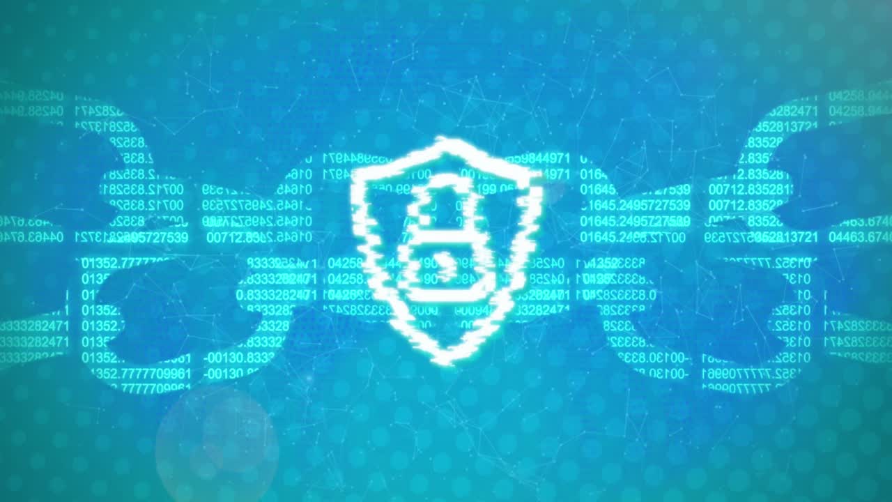 Animation of padlock in shield, numbers forming blockchain and connected dots over blue background