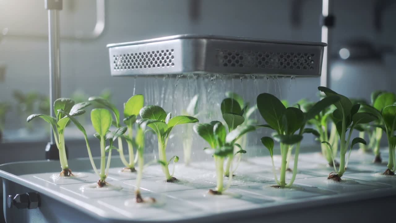 Una testa di irrigazione metallica nebulizzante emette vapore mentre il timer si avvia su un vassoio idroponico, innaffiando le piantine.