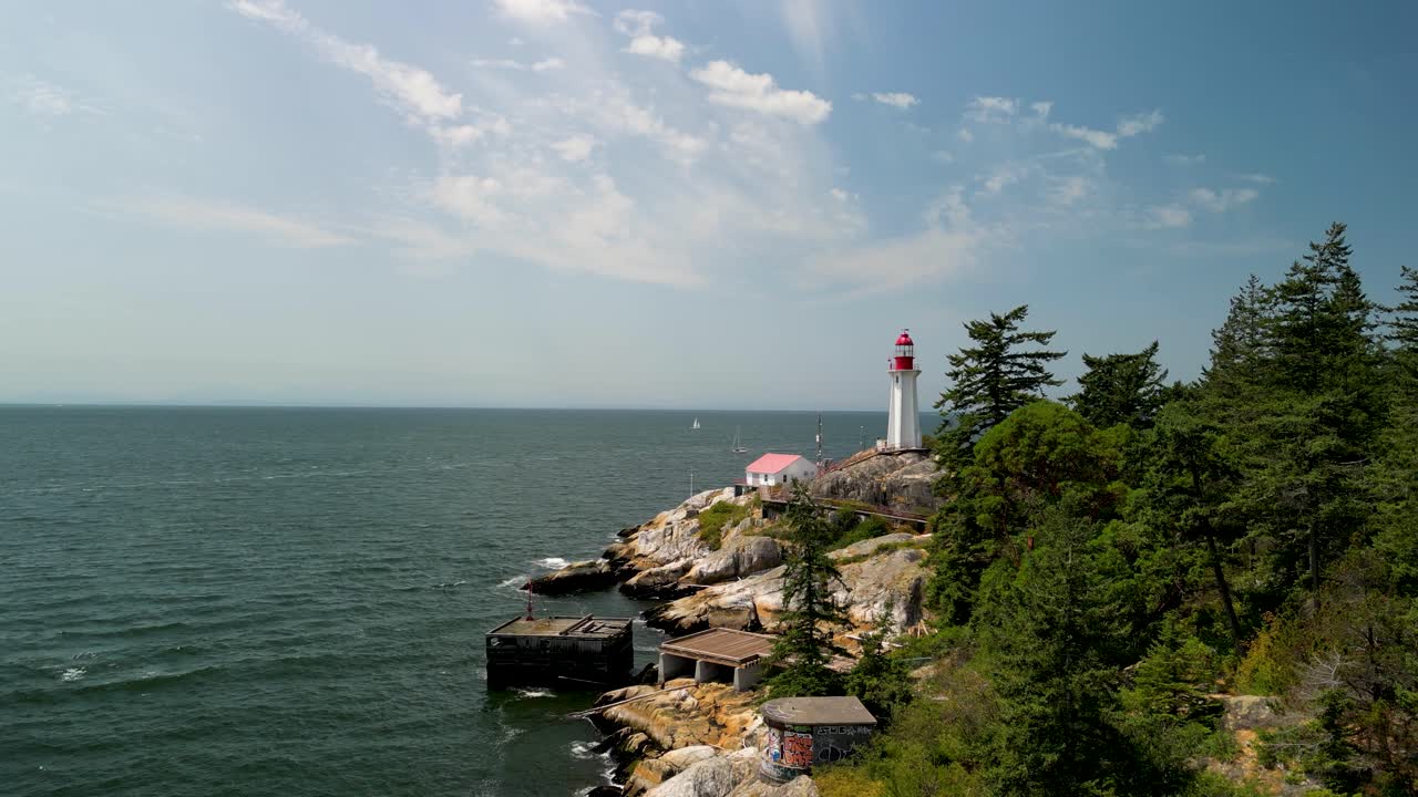 Aerial ascent of Lighthouse Park coastline and lighthouse, West Vancouver, BC, Canada