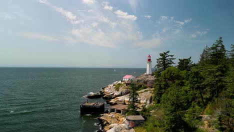 Aerial-ascent-of-Lighthouse-Park-coastline-and-lighthouse,-West-Vancouver,-BC,-Canada