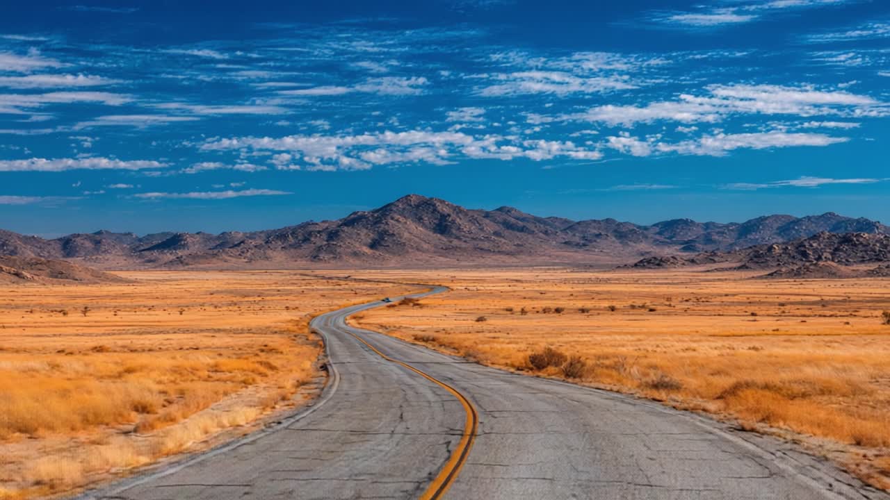 Vast Desert Landscape with Winding Road Under a Blue Sky with Clouds: A Scenic View of Nature's Beauty Captured in Two Frames