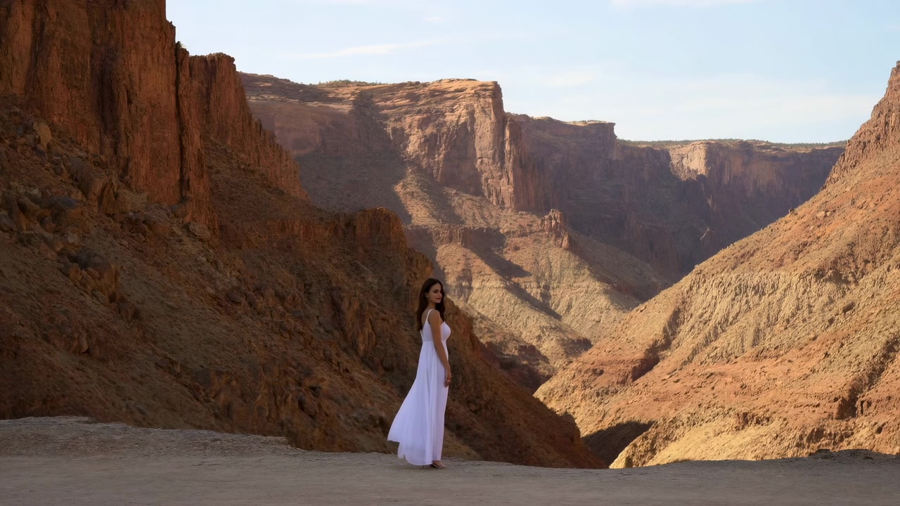 Una donna sola in un lungo vestito bianco si trova su una sporgenza piatta e polverosa all'interno di un ampio canyon rosso-marrone. Imponenti scogliere stratificate e creste ripide la circondano mentre
