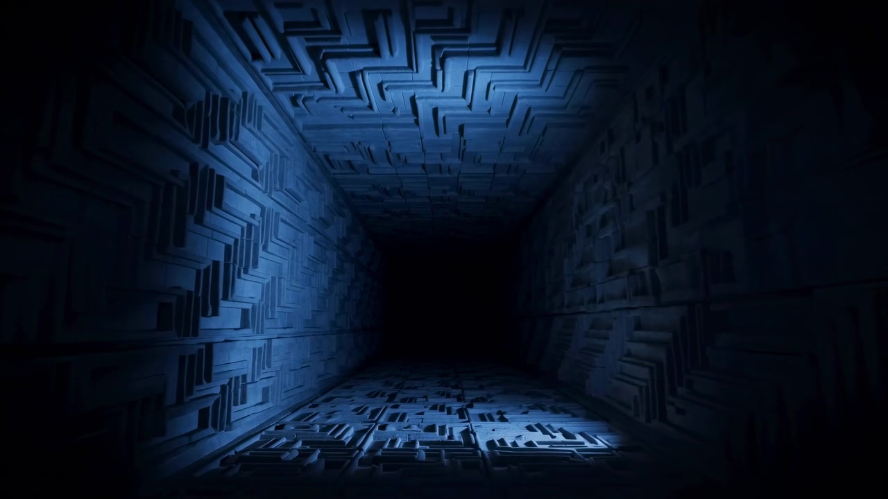 Abstract digital art no action observed, in digital environment, with digital patterns, light effects, from a neutral perspective perspective, with blue, black accents, nearby objects.