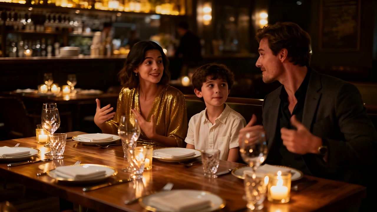 Laughing woman gold top leaning toward man in suit, sharing joke at candlelit table with boy