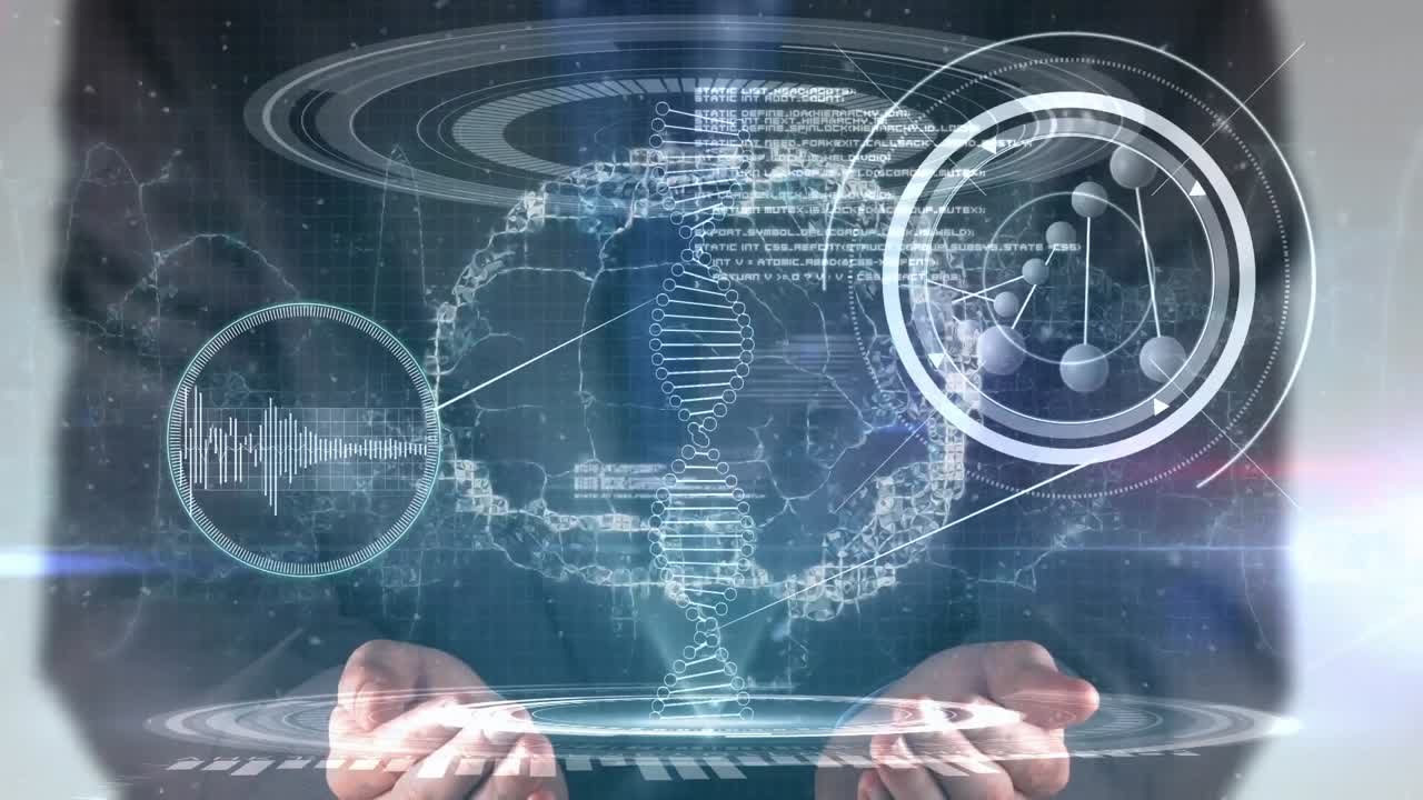 카우카시안 사업가에 대한 dna  ⁇ 과 디지털 뇌의 애니메이션