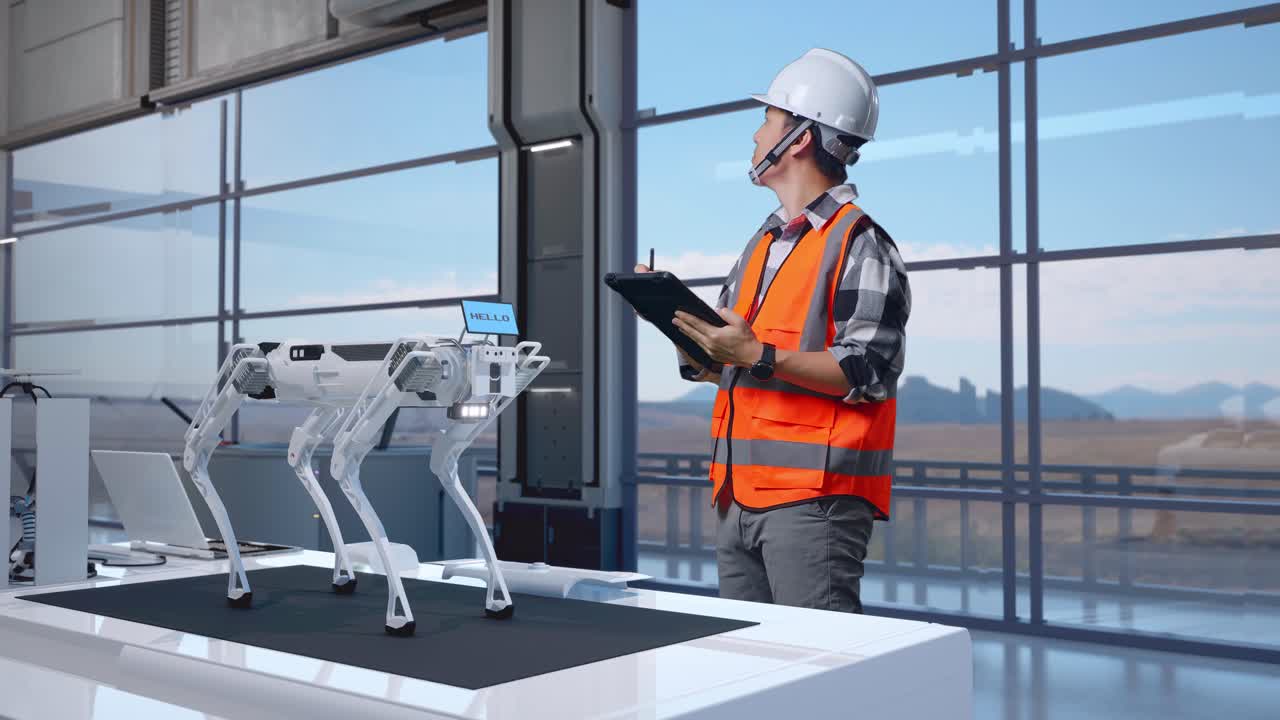 vista lateral completa del cuerpo de un ingeniero masculino asiático con casco de seguridad mirando la tableta en su mano y mirando a su alrededor mientras está de pie en una fábrica de alta tecnología, analizando el concepto de máquina robótica