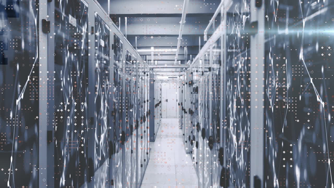 animación de puntos conectados con líneas y destellos de lentes sobre la sala del servidor en el fondo