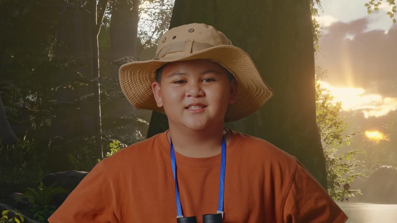 모자와 안경을 쓴 아시아 소년이 숲의 자연을 탐험하는 동안 팔로 카메라를 향해 미소 짓고 있습니다. 소년 연구자는 무언가를 조사합니다. 여행, 관광, 모험, 클로즈업.