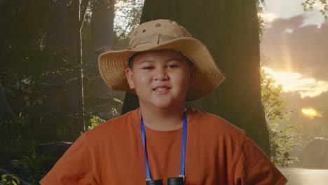 niño asiático con sombrero y binoculares sonriendo a la cámara con los brazos akimbo mientras explora la naturaleza del bosque. niño investigador examina algo, aventura de turismo de viaje, primer plano