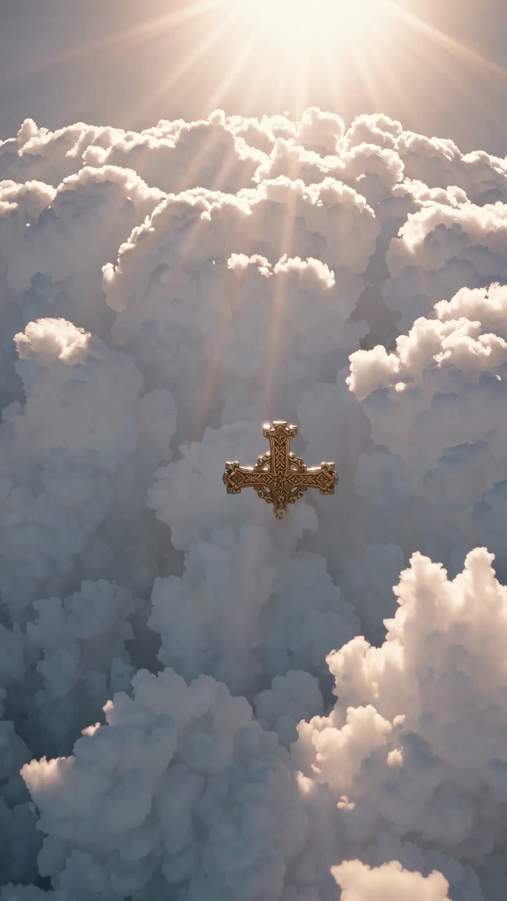 Aerial view of a golden cross floating among fluffy clouds, with sun rays illuminating the scene