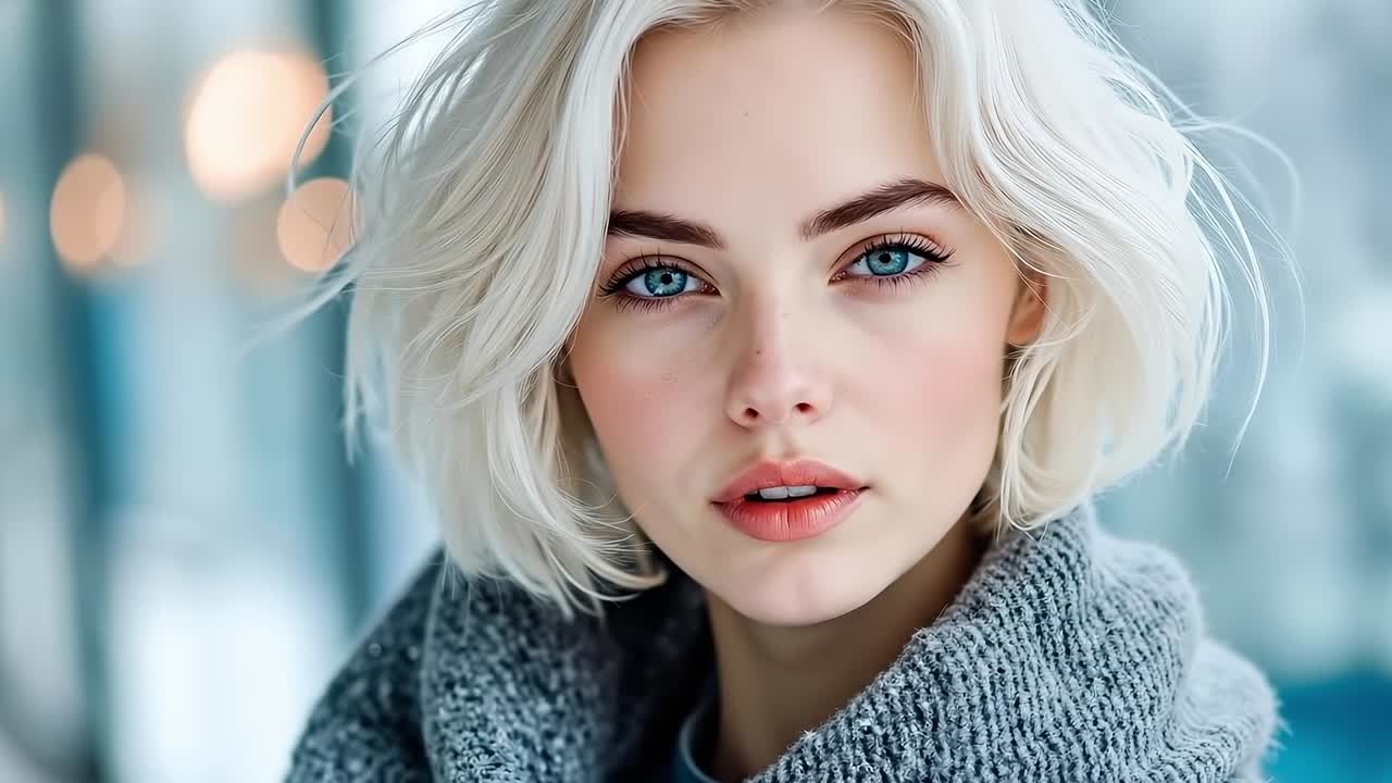 A woman with blonde hair and blue eyes wearing a gray sweater