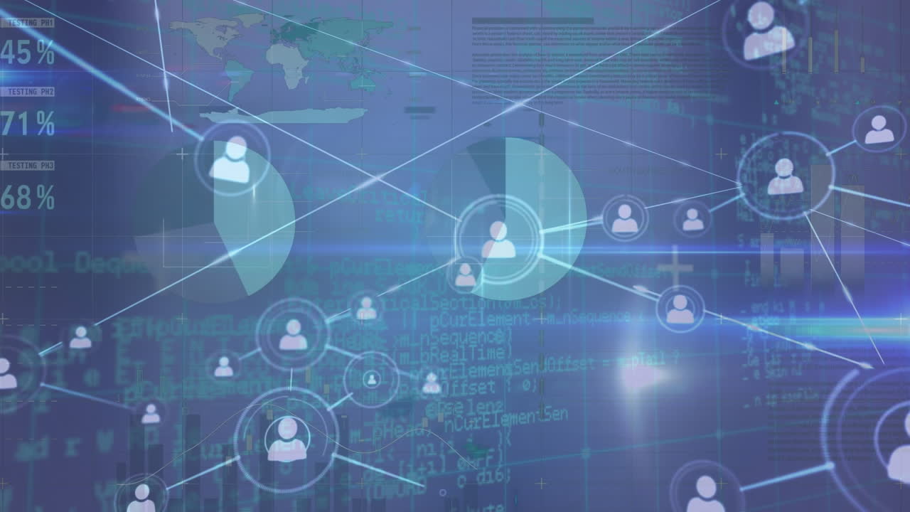 animación de la red de iconos de perfil y procesamiento de datos estadísticos contra el punto de luz azul.