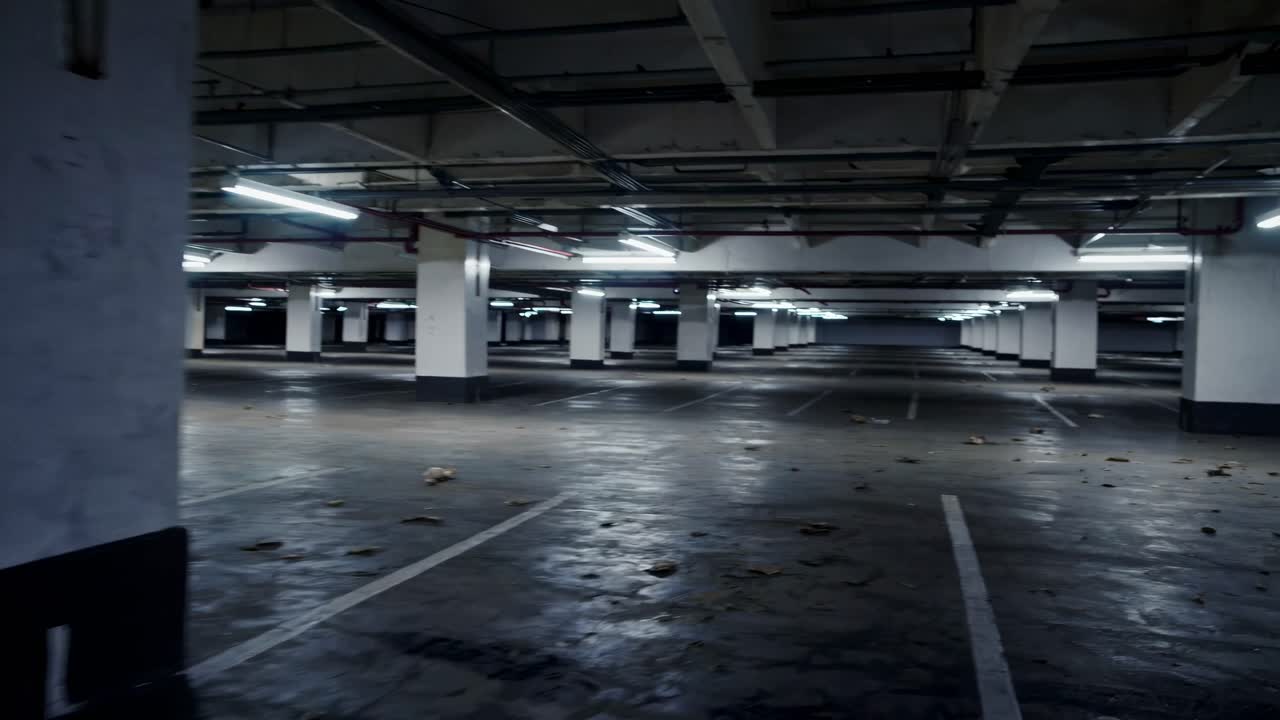 Wide-angle shot of an empty, dimly lit underground parking garage, creating a mysterious