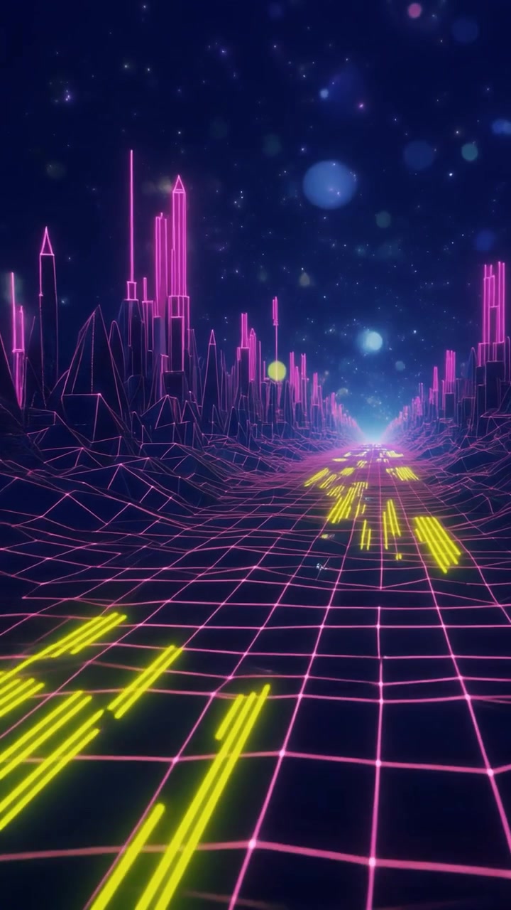 Paesaggio Digitale in Stile Retro Synthwave con Città al Neon Luminosa