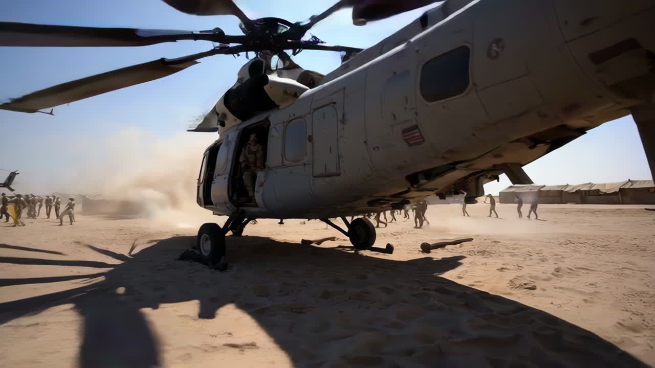 Military Helicopter Deployment in Desert