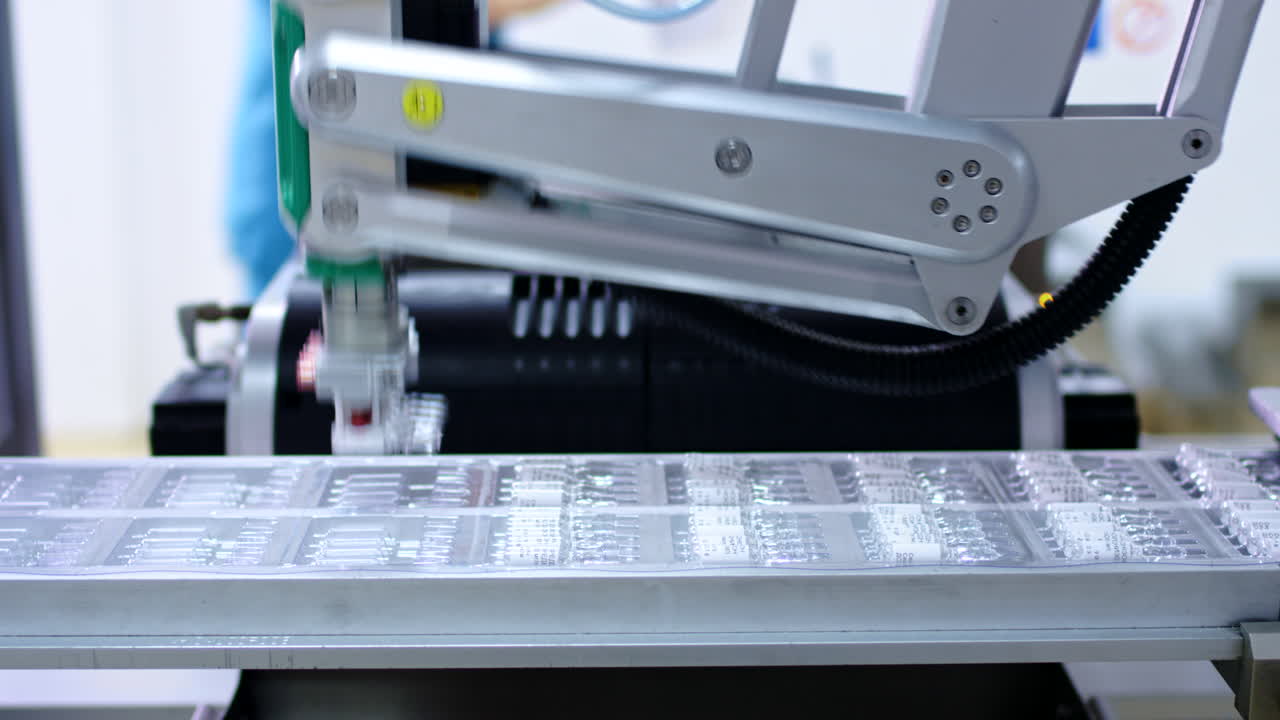 Pharmaceutical production line. Robotic arm at medical manufacturing line