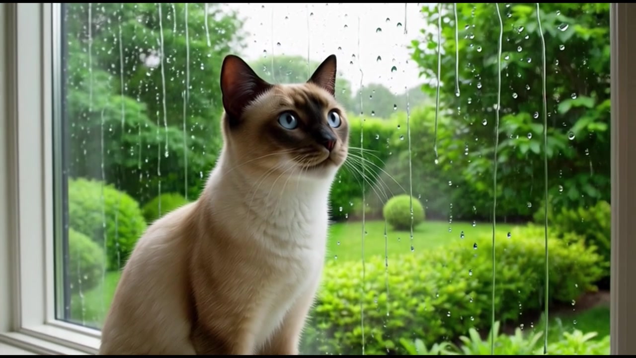 Gatto siamese che osserva la pioggia dalla finestra